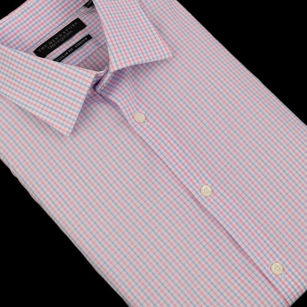 THE MENS STORE Pink Blue Check Regular Cotton Stretch Dress Shirt 15 32/33 NWT
